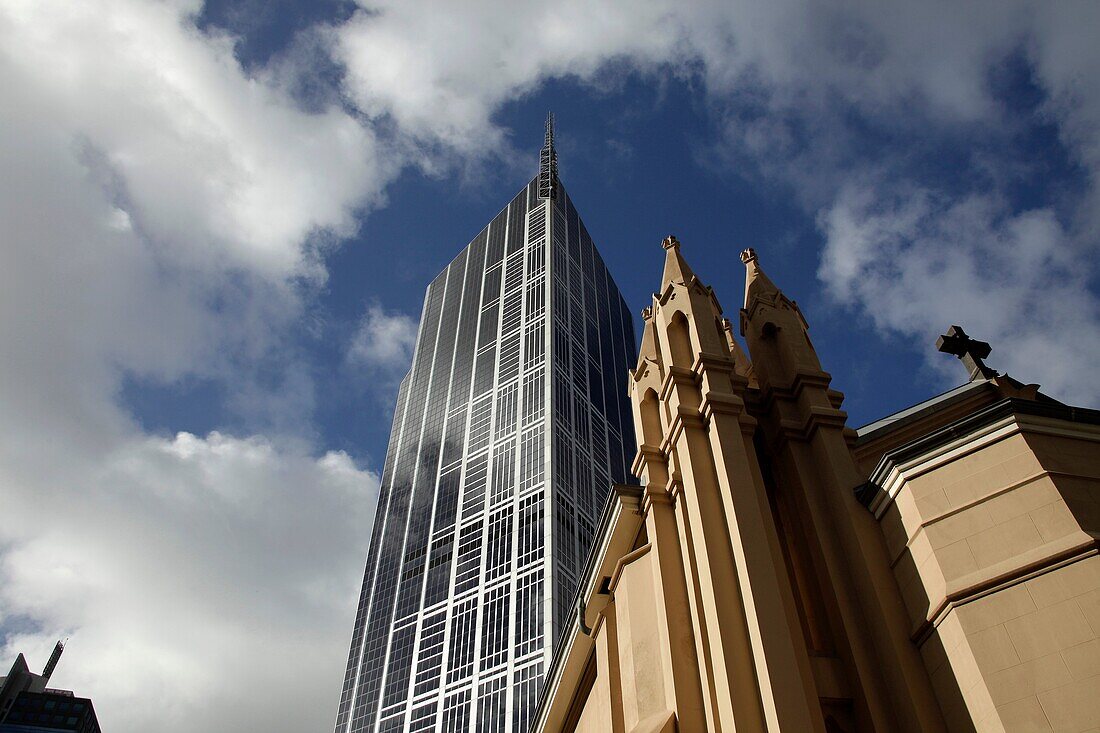catholic St Francis,  Church and a skyscraper in Melbourne, Victoria, Australia