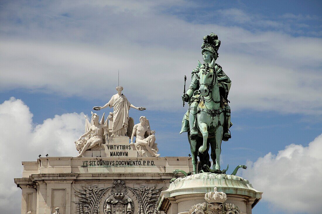 Equestrian statue of King Jose I and triumphal arch on Commerce Square Praca do Comercio or Terreiro do Paco in Lisbon, Portugal, Europe