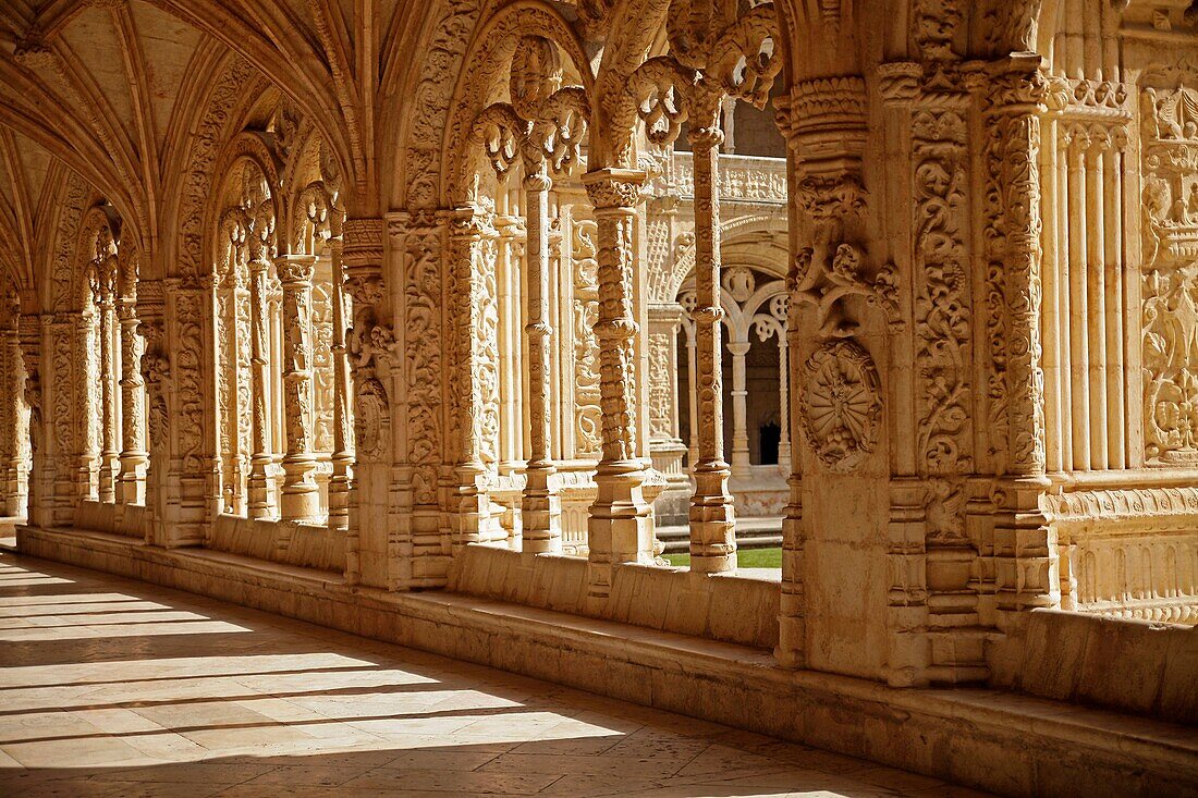 decorated cloister of Jeronimos Monastery Mosteiro dos Jerominos in Belem, Lisbon, Portugal, Europe