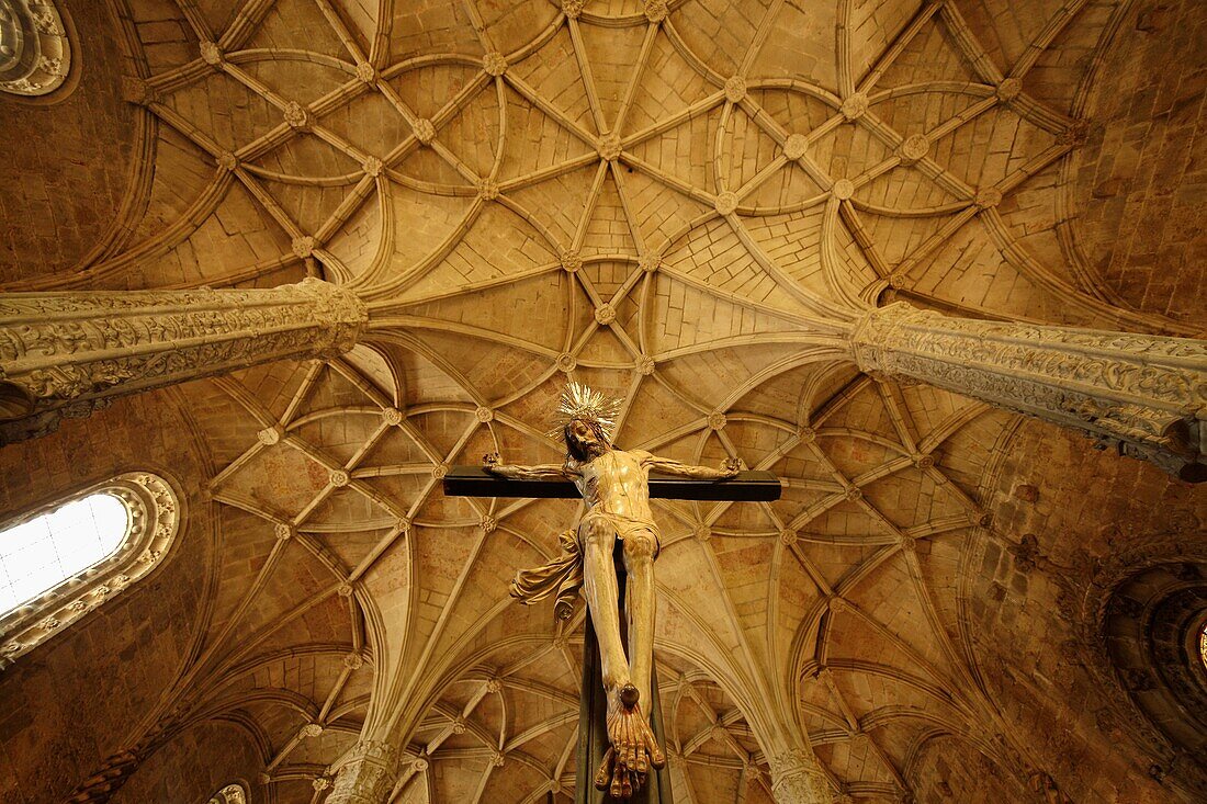 crucifix inside the main chapel of the Church of Santa Maria at Jeronimos Monastery Mosteiro dos Jerominos in Belem, Lisbon, Portugal, Europe