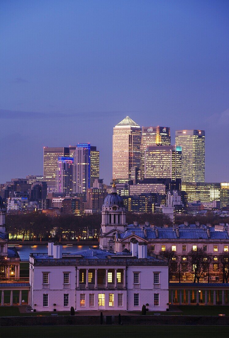 Canary Wharf and Greenwich Palace foreground, London, England.