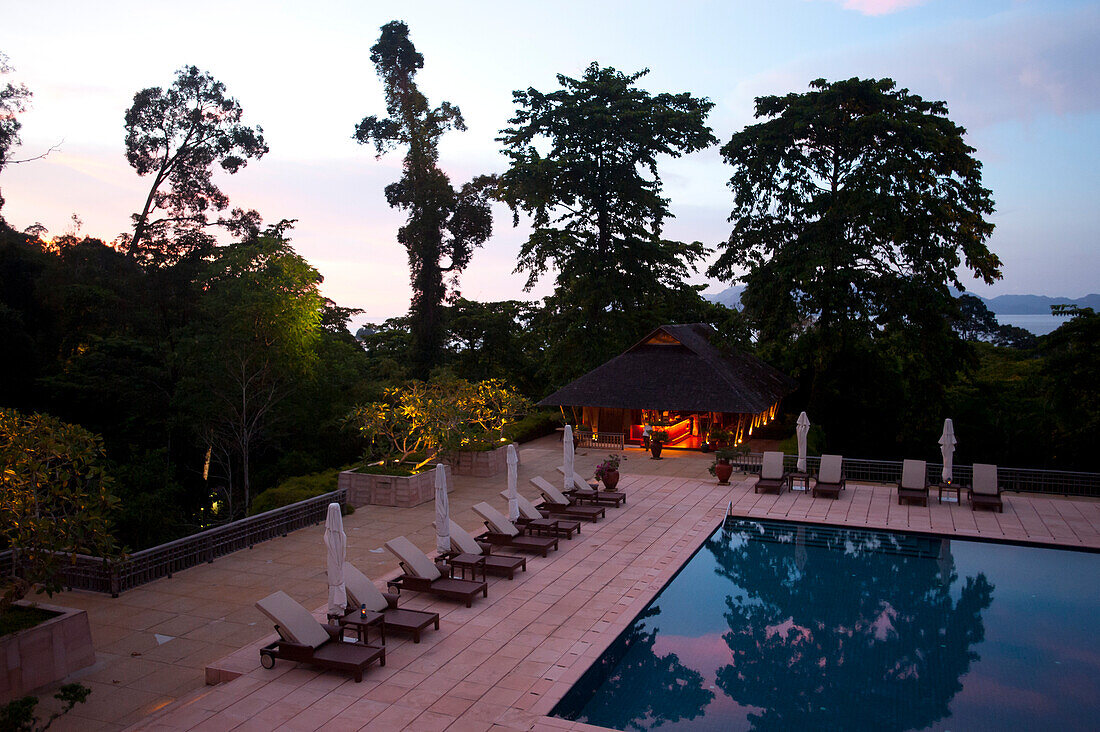 Pool and Thai restaurant in the evening, Datai Resort, Lankawi Island, Malaysia, Asia