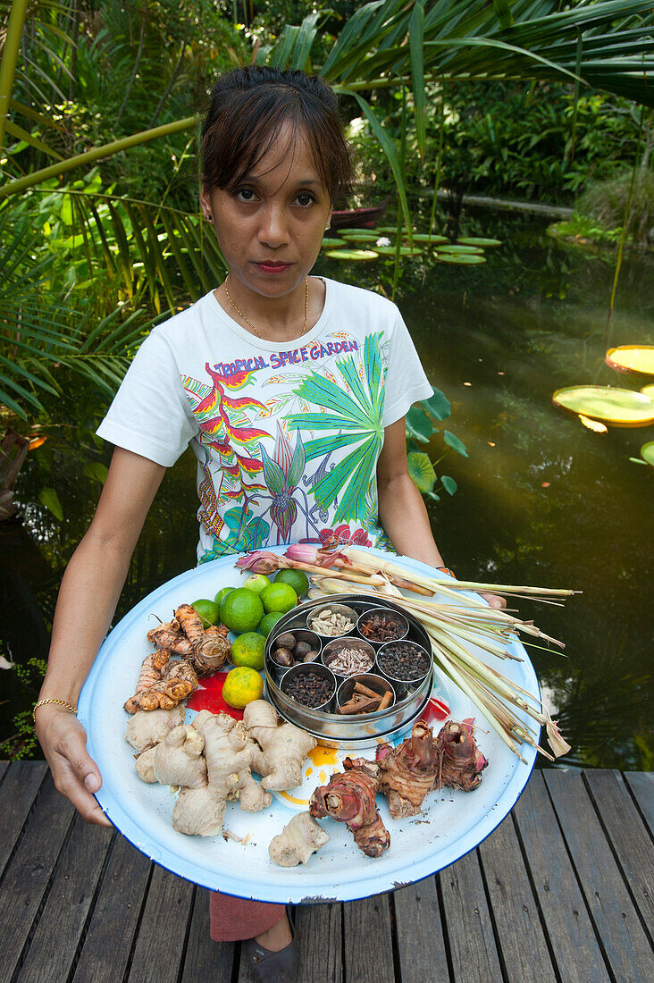 Woman holding a plate with selection of spices, Spice Gardens, Penang, Malaysia, Asia