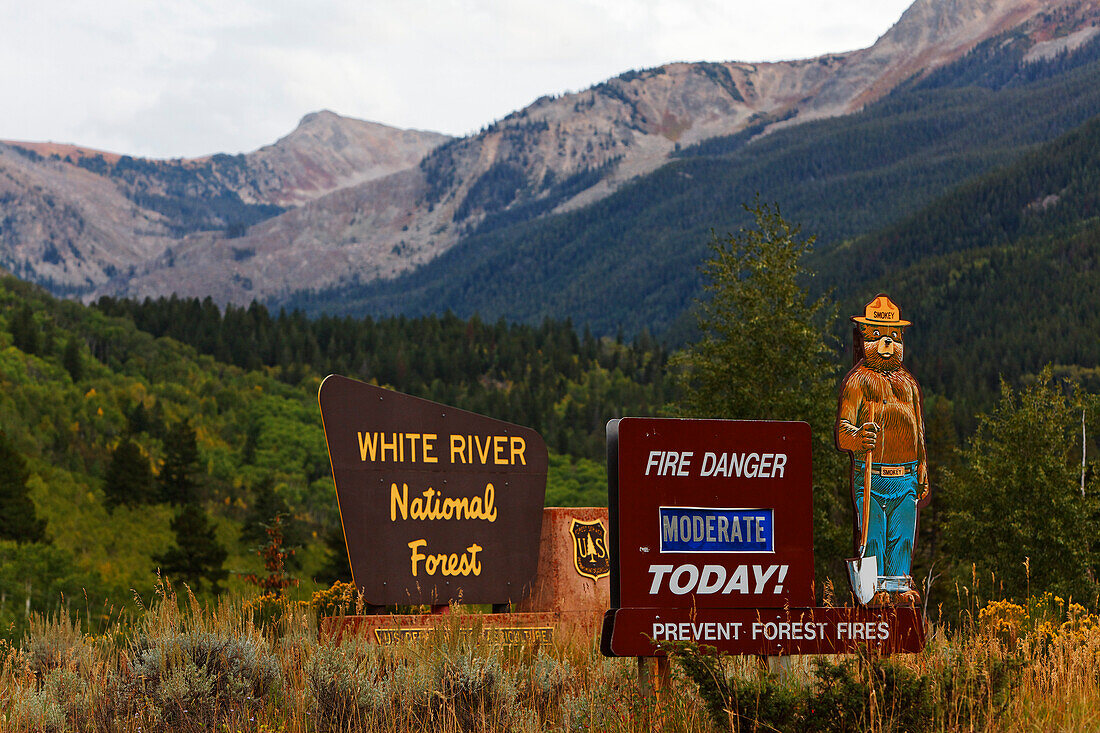 Feuer-Warnschilder am White River National Forest, Aspen, Rocky Mountains,  Colorado, USA, Nordamerika, Amerika