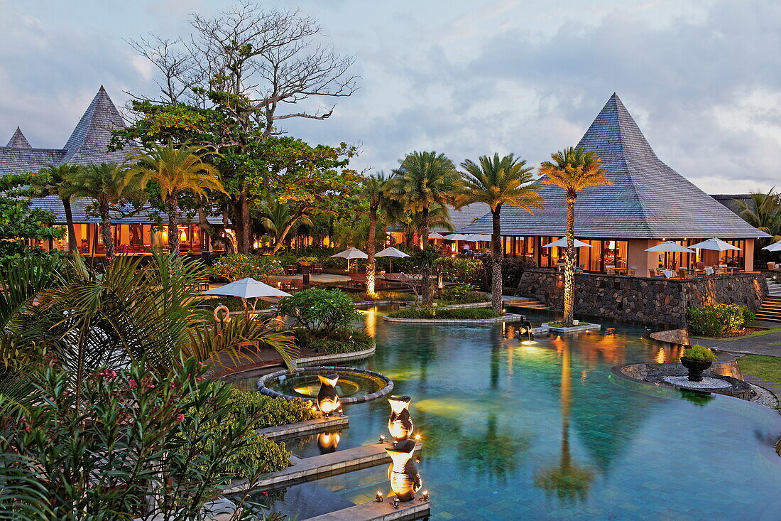 Pool and restaurant at Shanti Maurice Resort in the evening, Souillac, Mauritius, Africa