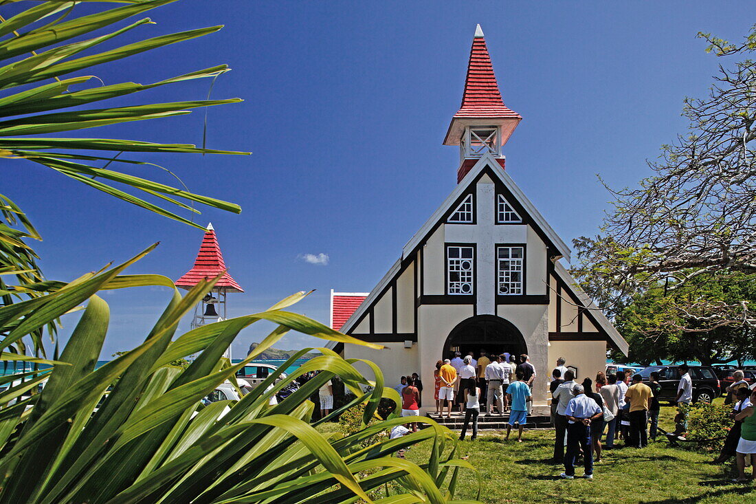 Notre Dame Auxiliatrice chapel under blue sky, Cap Malheureux, Mauritius, Africa