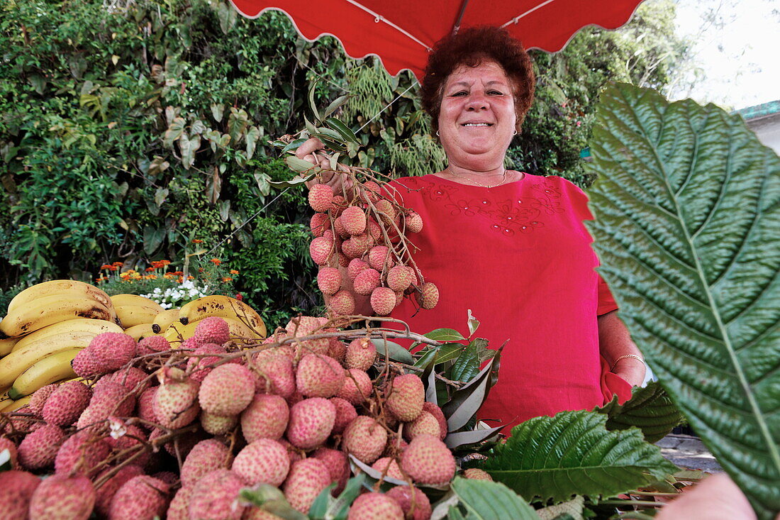 Local woman selling lychees at a stall, La Plaine des Palmistes, La Reunion, Indian Ocean