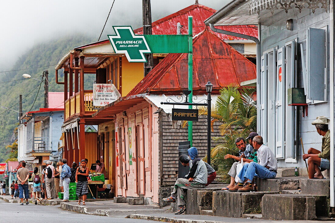 People in a street, Hell-Bourg, La Reunion, Indian Ocean