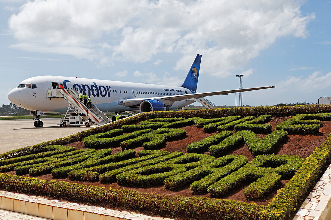 Beet und Flugzeug am Flughafen, Sansibar, Tansania, Afrika