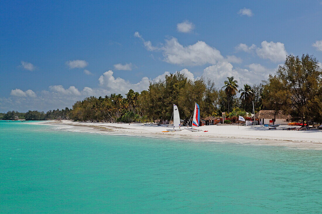 Blick auf Sandstrand im Sonnenlicht, Kiwenga, Sansibar, Tansania, Afrika