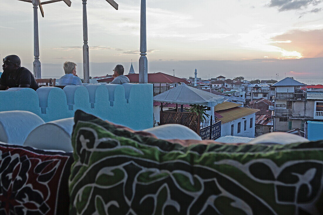 View from rooftop terrace of the 236 Hurumzi hotel in the evening, Stonetown, Zanzibar City, Zanzibar, Tanzania, Africa
