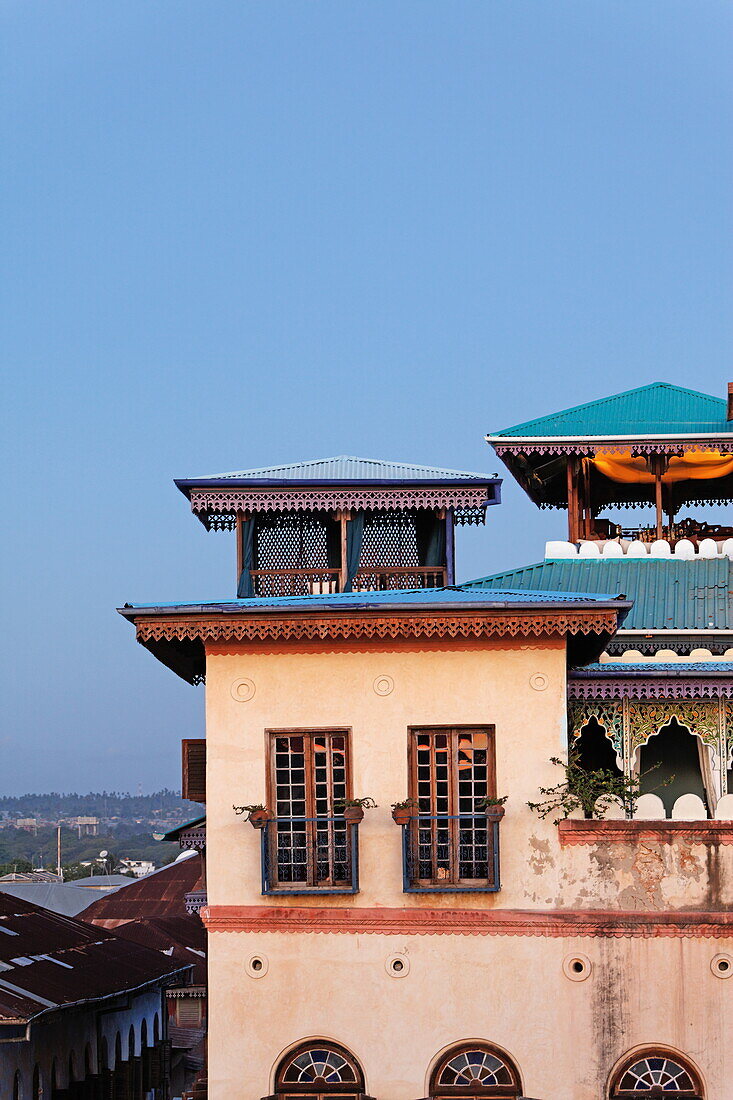 Rooftop terrace of the 236 Hurumzi hotel in the evening, Stonetown, Zanzibar City, Zanzibar, Tanzania, Africa