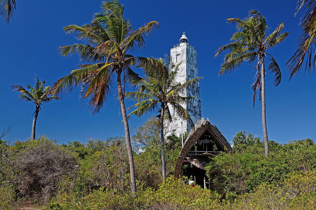 Lighthouse and Lodge under blue sky, Chumbe Island, Zanzibar, Tanzania, Africa