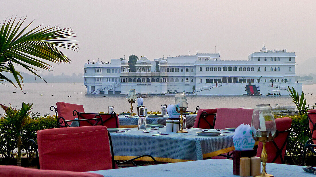 Dining Tables with Lake Palace in Background, Udaipur, Rajastan, India