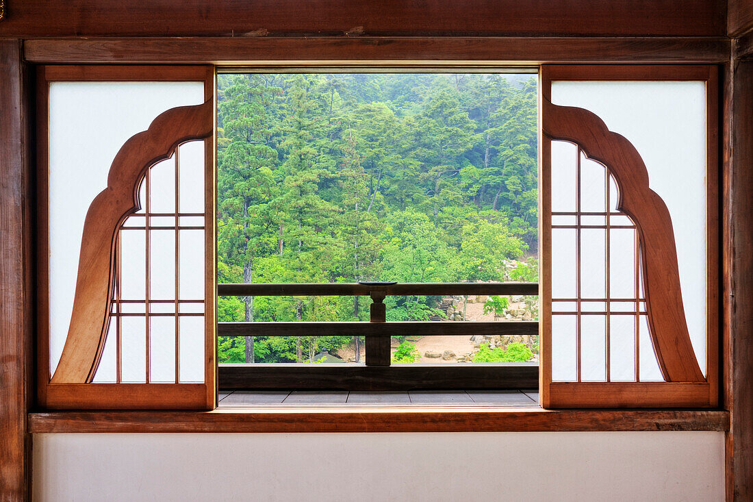 Open Bell Shaped Asian Window, Miyajima island, Hiroshima prefecture, Honshu island, Japan, Asia