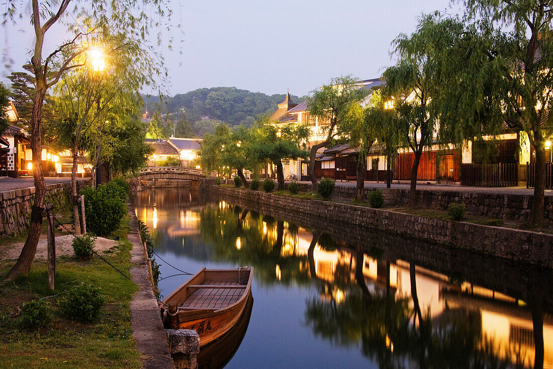 Japanese Canal Scene at Dusk, Bikan, Kurashiki City, Kurashiki, Okayama Prefecture, Japan