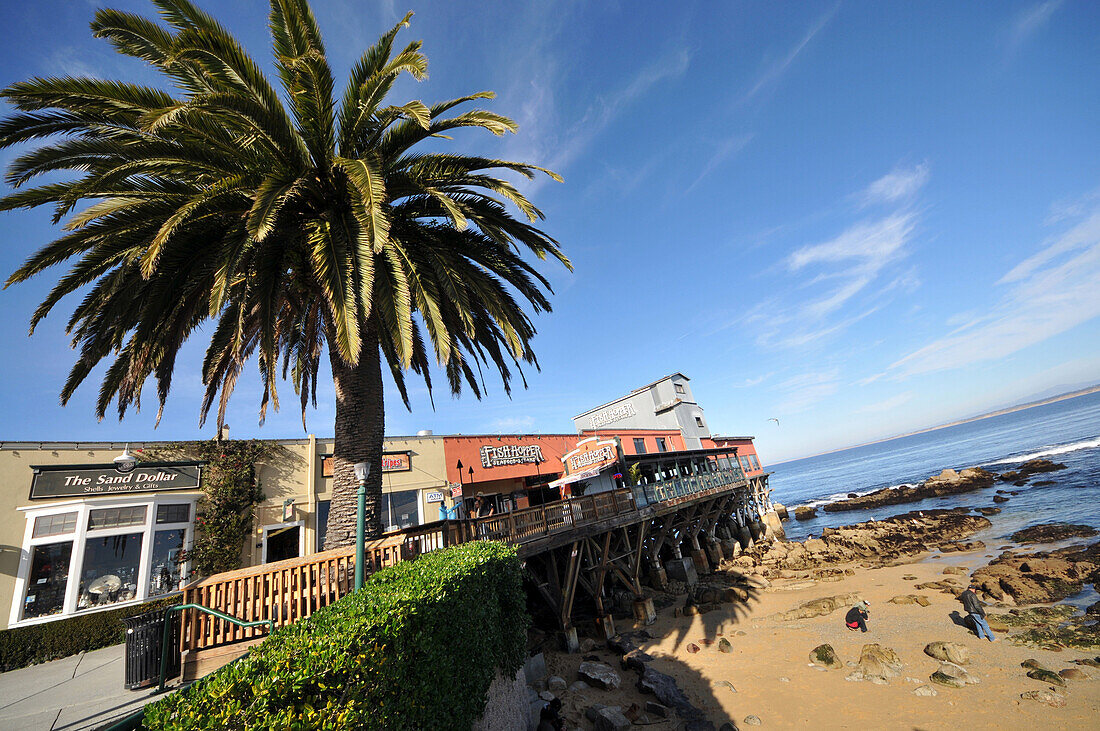 Pier with buildings at the coast, Monterey, Highway 1, Pacific rim, California, USA, America