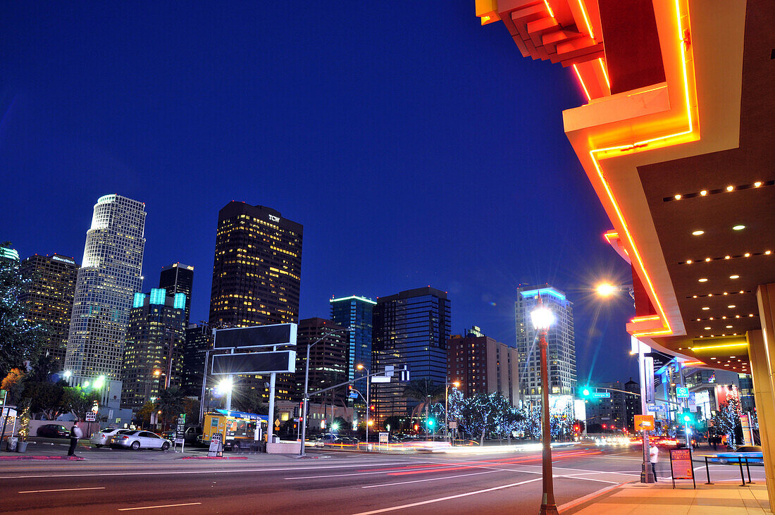 View of high rise buildings at downtown at night, Los Angeles, California, USA, America