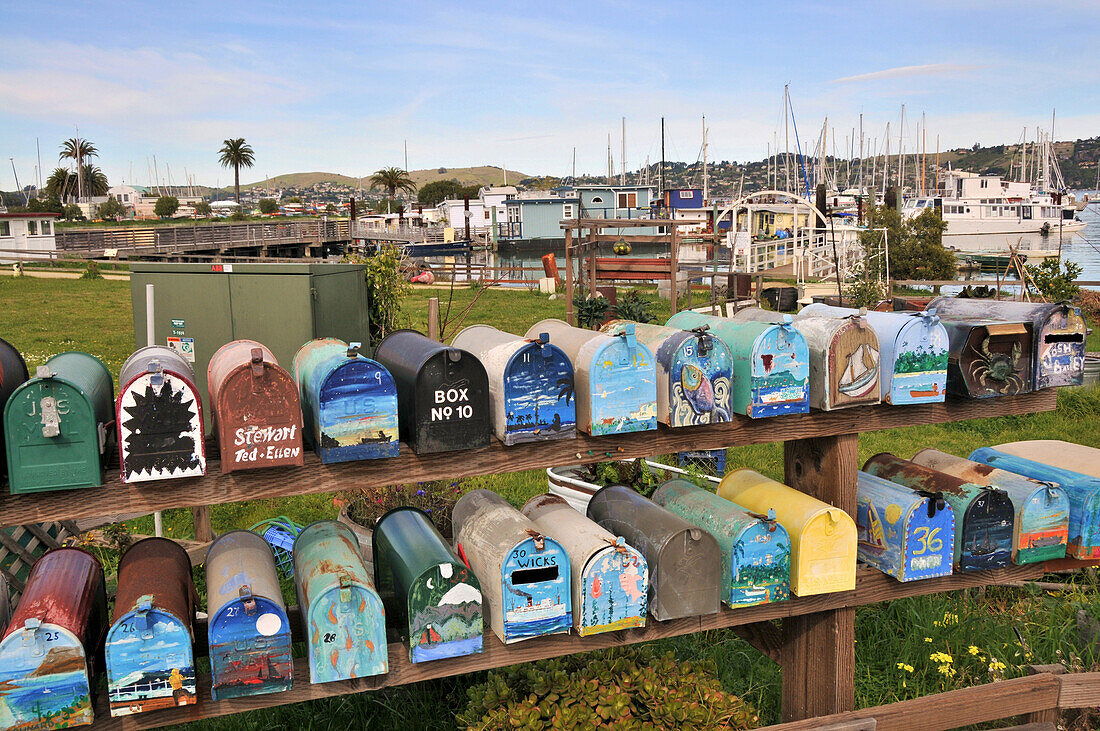 Letterboxes of houseboats in Sausalito near San Francisco, California, USA, America