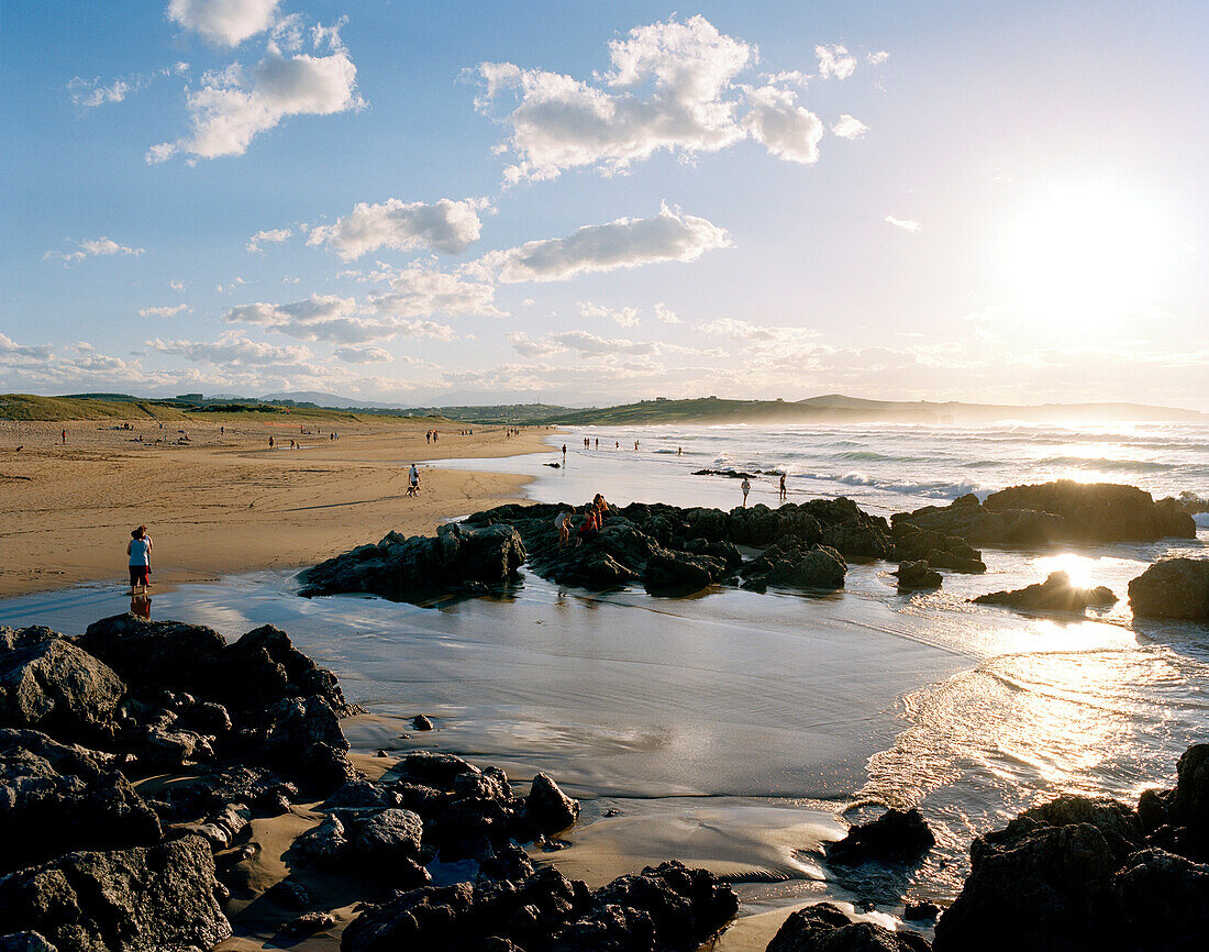 Beach at sunset, Playa de Valdearenas, west of Santander, Cantabria, Spain