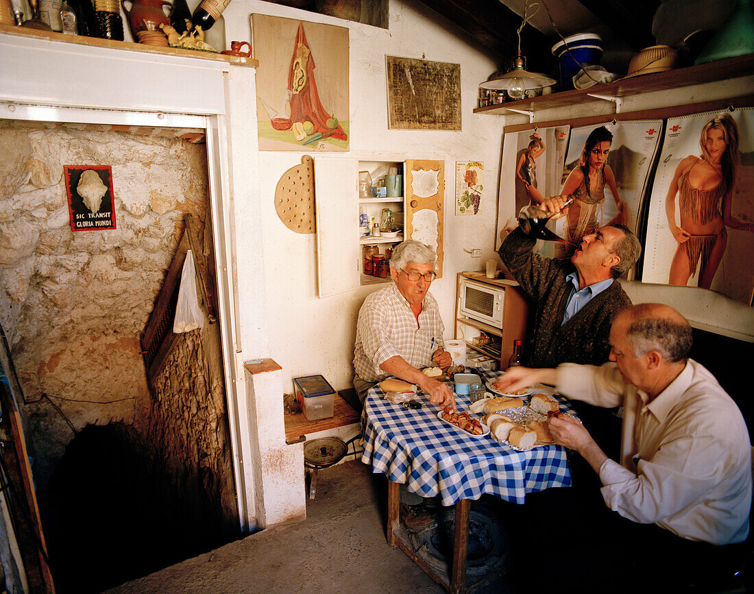 Men having breakfast with homegrown wine, private wine cellar, San Esteban de Gomez, Castile and León, Spain