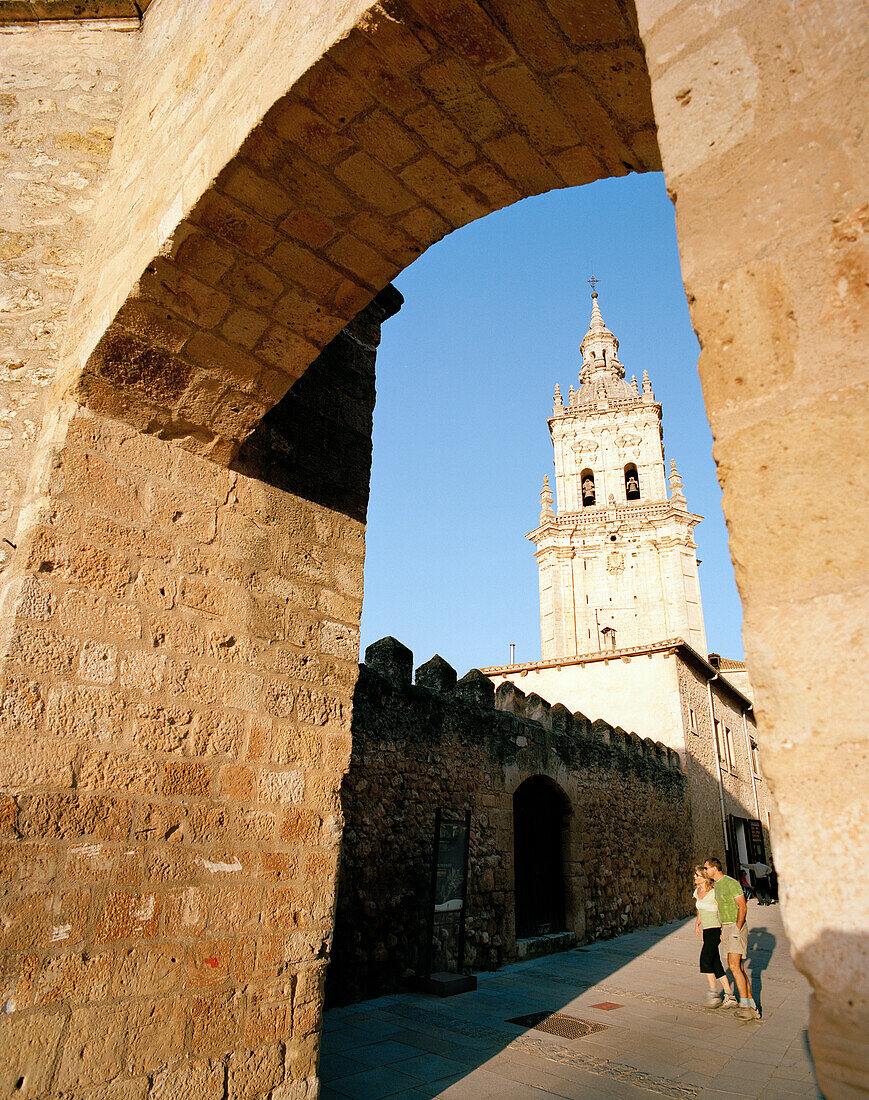 Entry to historic center, arcades, cathedral El Burgo de Osma, Castile and León, Spain