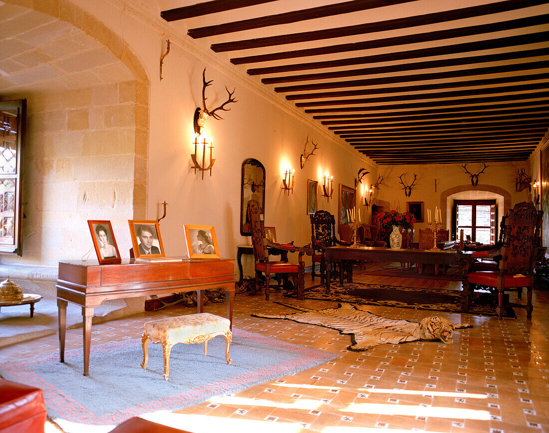 Great hall and living room in Castillo de Canena, Canena, near Úbeda, Andalusia, Spain