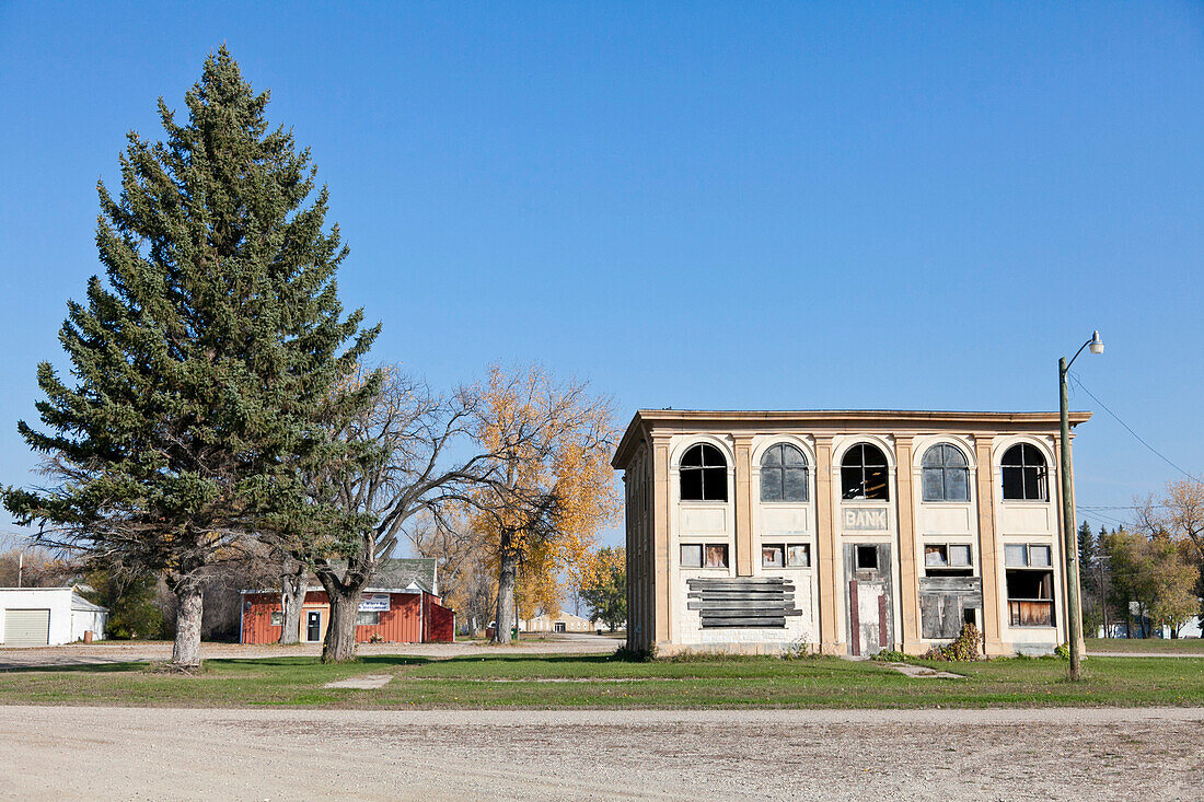 Abandoned bank building in a small city,  shrinking cities, Maxbass, Minot, North Dakota, United States of America, USA