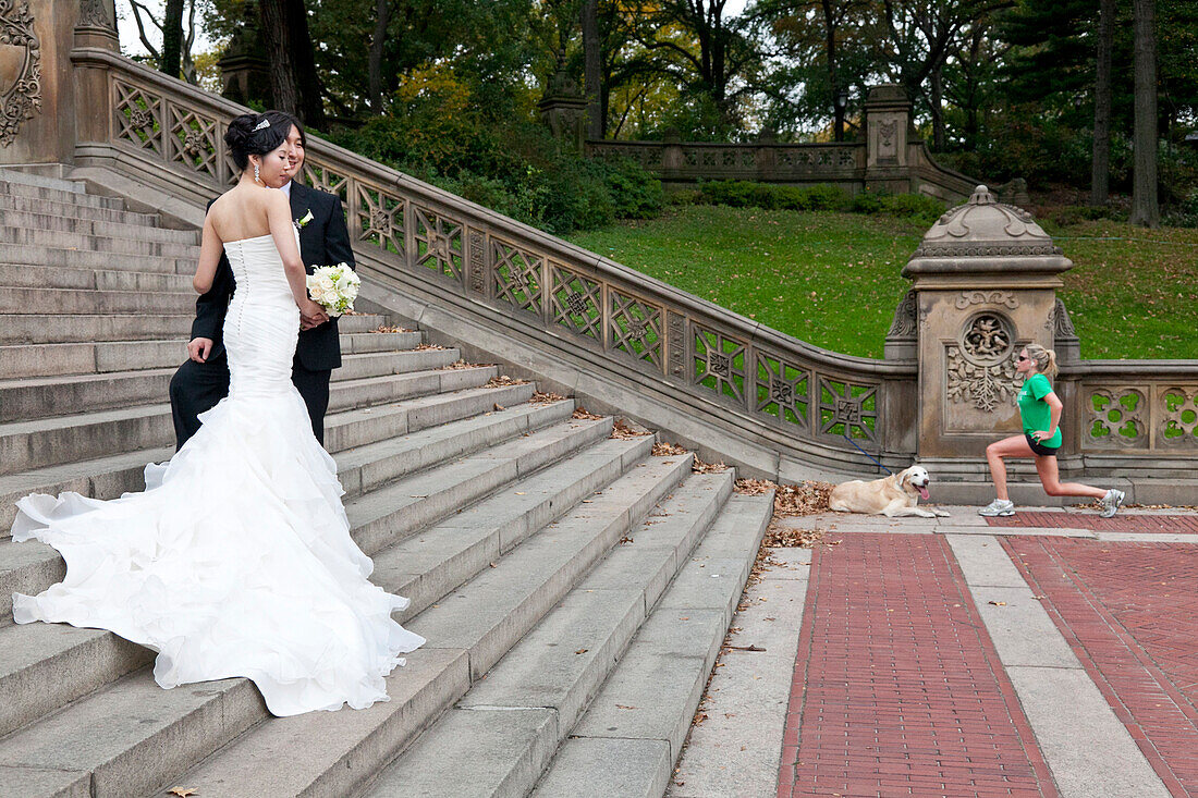 Asian bridal couple on a staircase, posing for a picture, young women doing her exercises next to her dog, Central Park, New York City, United States of America, USA