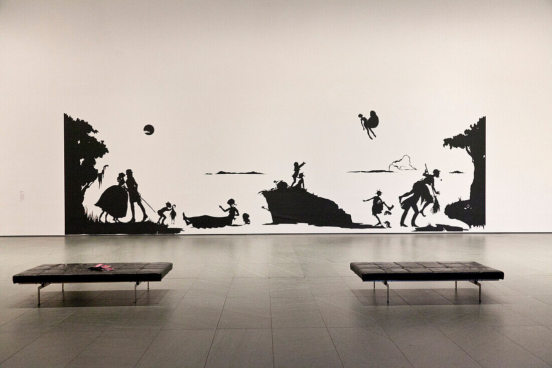 Paper cut art work, entrance hall of the museum, benches, Museum of Modern Art, MoMa, Manhattan, New York City, United States of America, USA