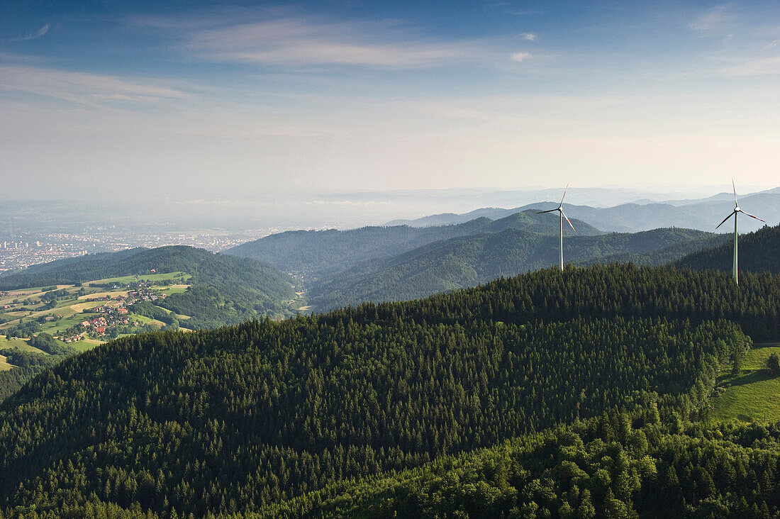 Wind turbines at mount Schauinsland, Freiburg im Breisgau, Black Forest, Baden-Wurttemberg, Germany