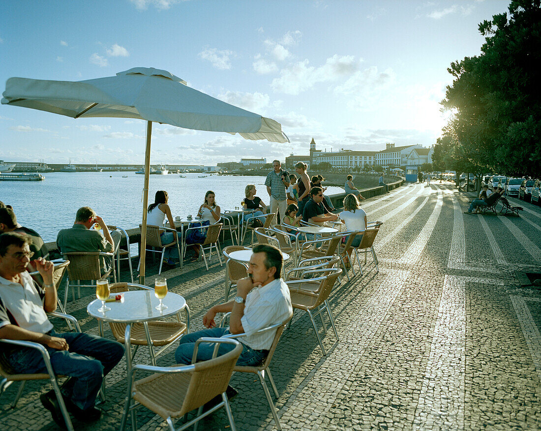 Cafe at the promenade, Ave. Infante Dom Henrique, Ponta Delgada, Sao Miguel island, Azores, Portugal