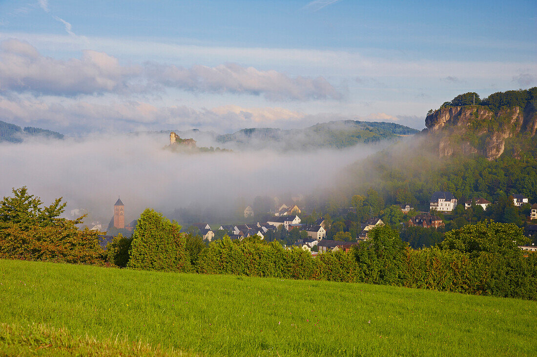 Gerolstein, Gerolsteiner Dolomitfelsen, Munterley, Fog, Eifel, Rhineland-Palatinate, Germany, Europe