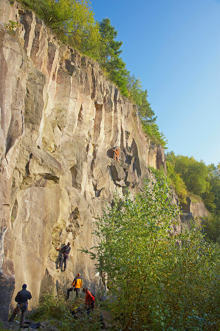 Climbers at Ettringer Lay, Vulkaneifel, Eifel, Rhineland-Palatinate, Germany, Europe