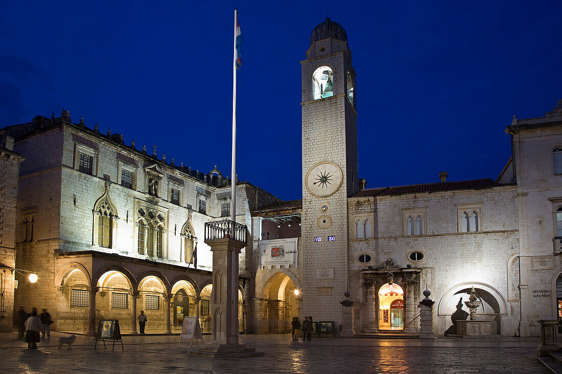 The bell tower on the Stradun at dusk, Dubrovnik, Dalmatia, Croatia