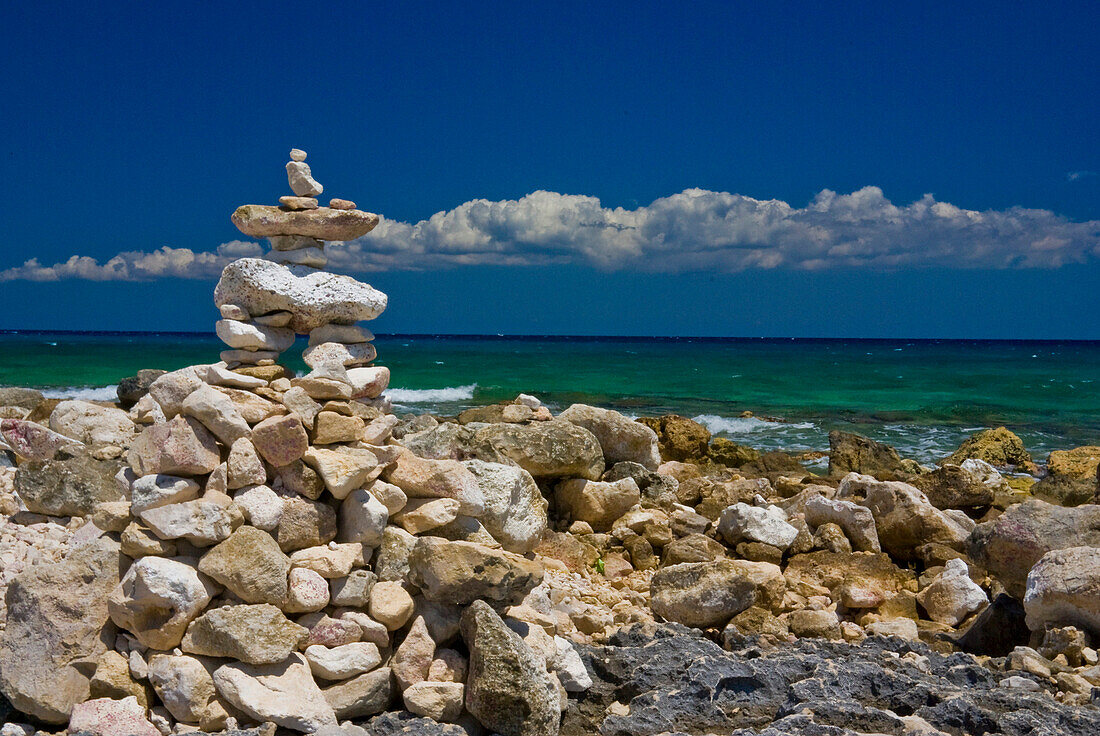 Rock sculptures and sea view, Puerto Aventuras, Quintana Roo, Mexico