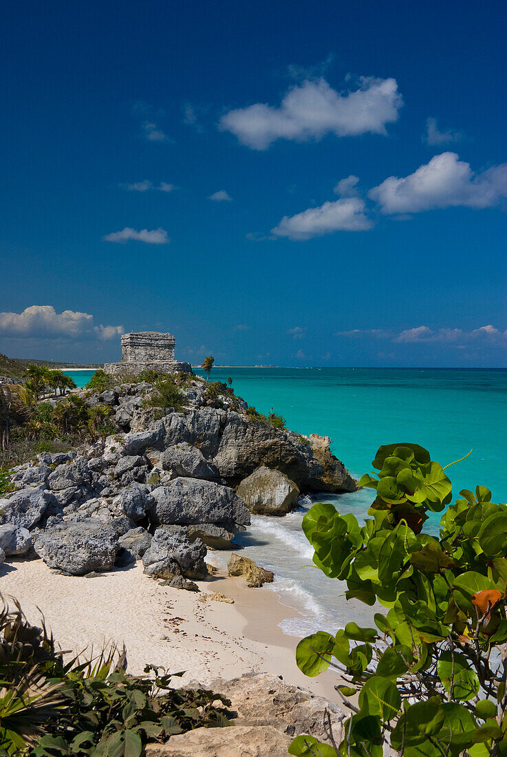 View over beach to Temple of the Wind, Tulum, Quintana Roo, Mexico