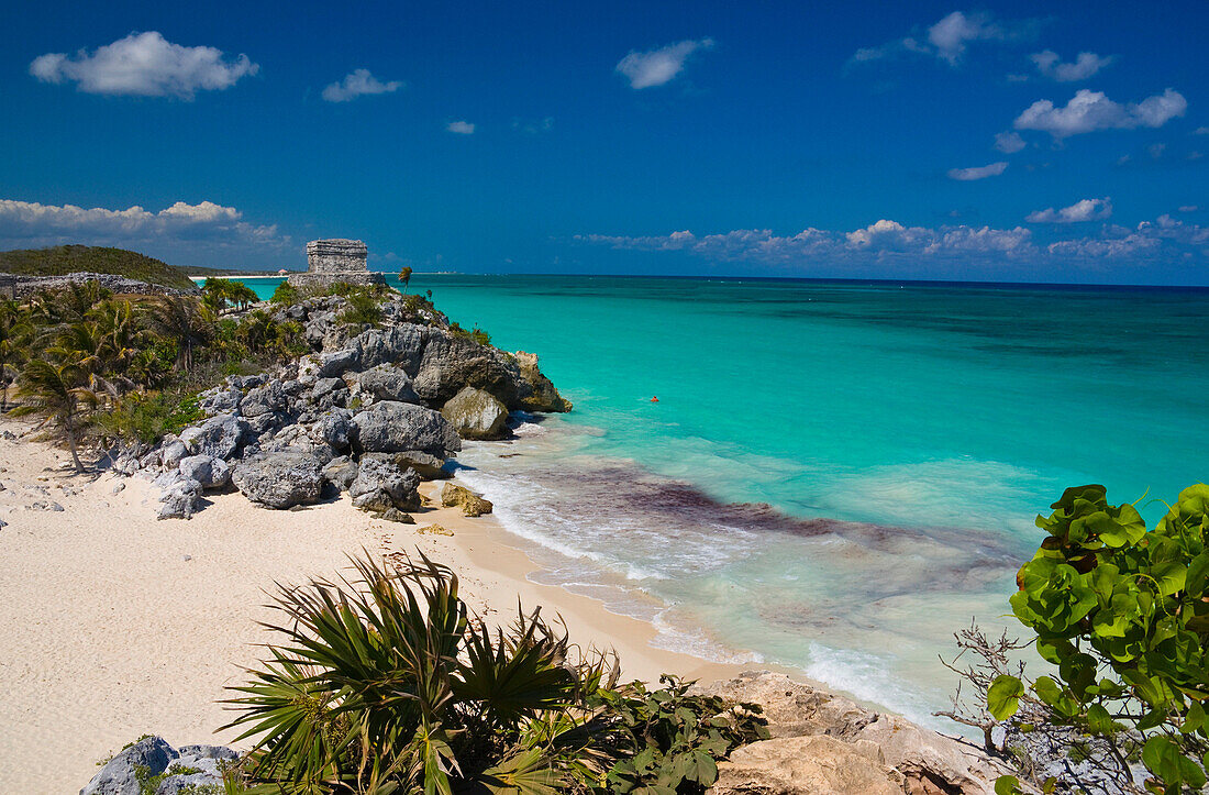 View over beach to Temple of the Wind, Tulum, Quintana Roo, Mexico