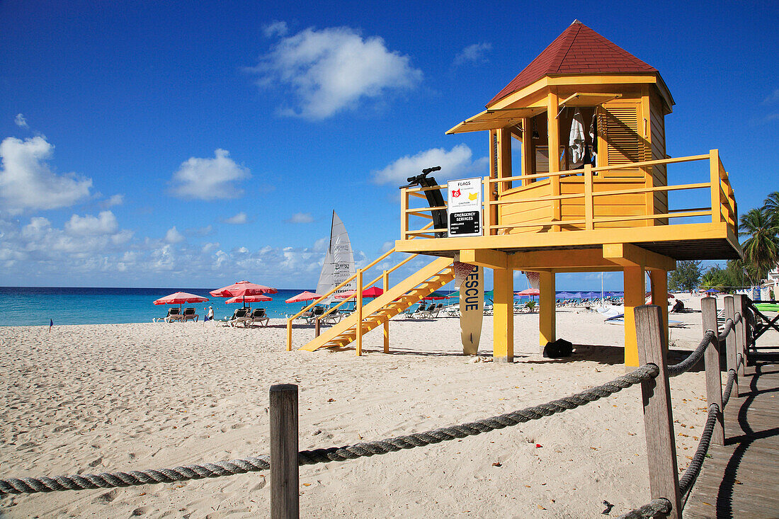 Lifeguard station on beach, Rockley Beach, Barbados, Caribbean
