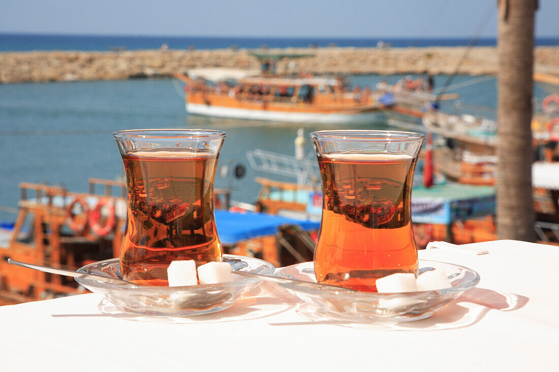 The harbour and apple tea, Side, Mediterranean, Turkey
