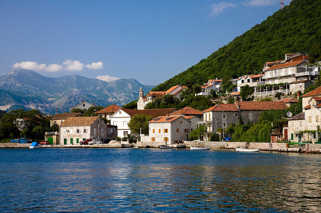 View of town along Adriatic coastline, Verige Straits, Montenegro