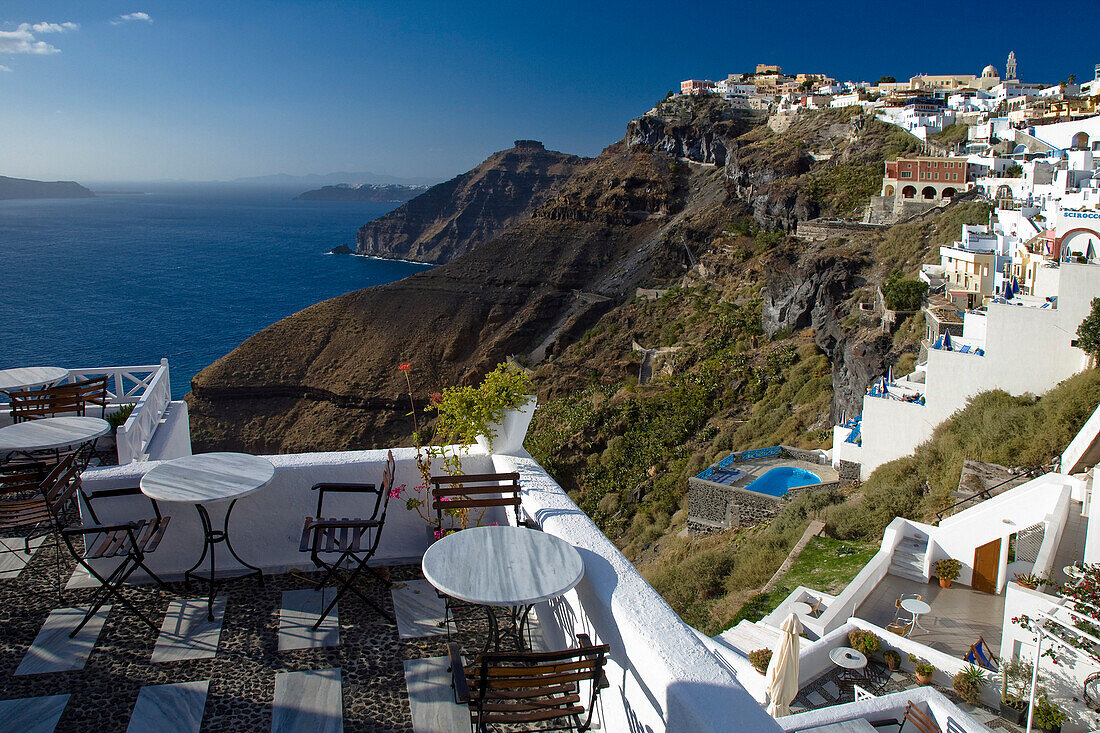Sea and clifftop town from terrace, Fira, Santorini Island, Greek Islands