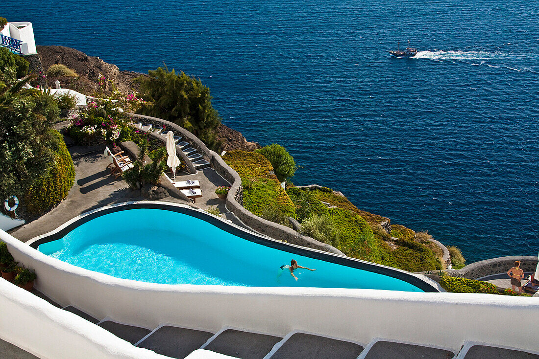Clifftop swimming pool, Oia, Santorini Island, Greek Islands