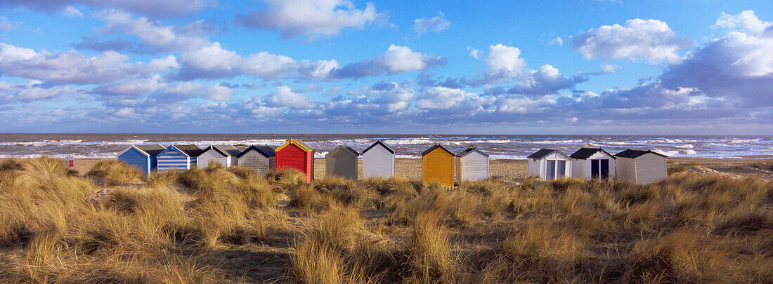 Beach huts in winter, Southwold, Suffolk, UK - England
