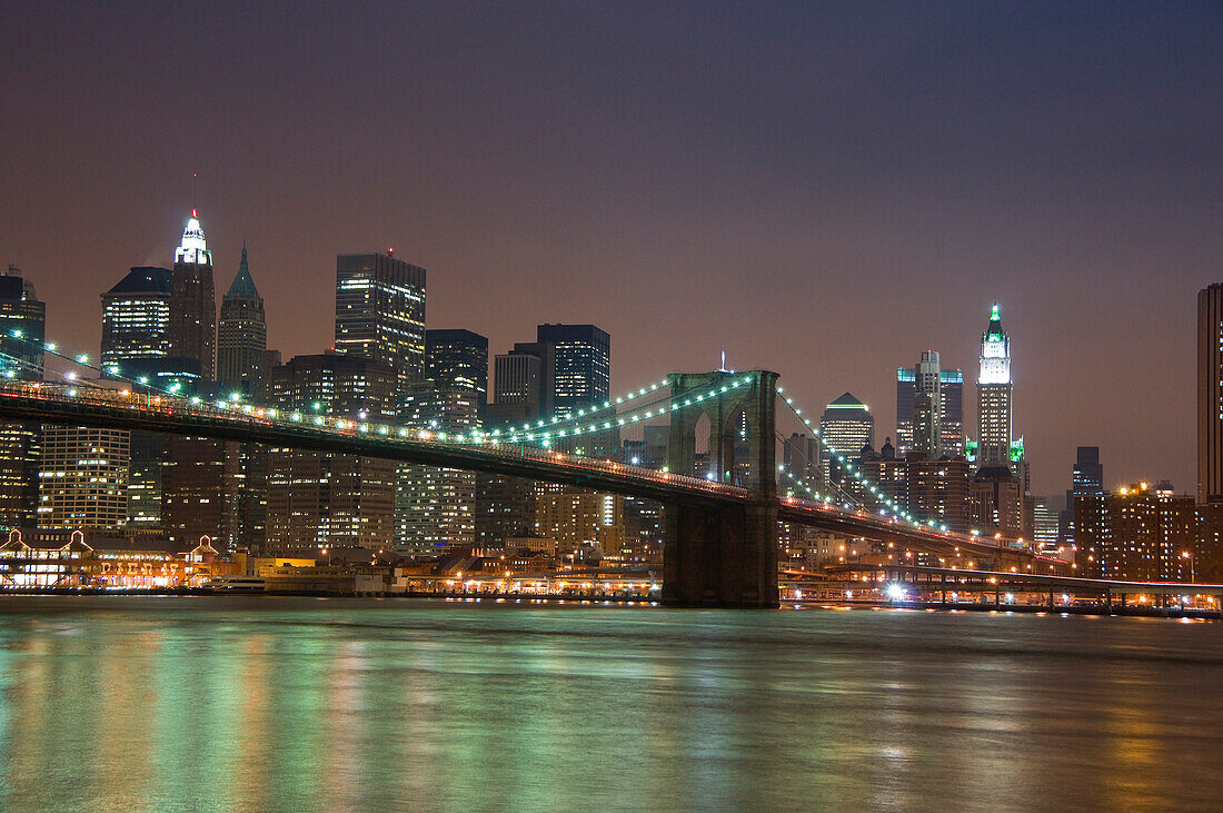 Lower Manhattan and Brooklyn Bridge over East River, Manhattan, New York, USA