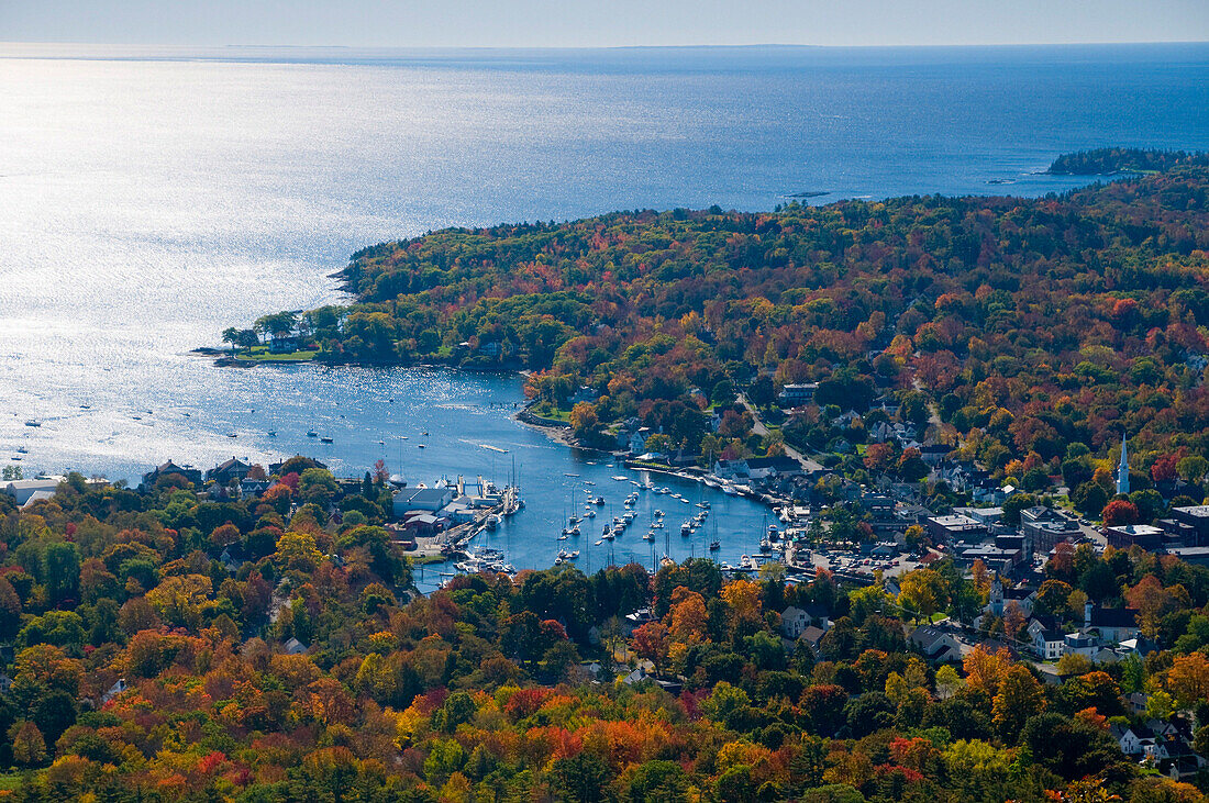 View over town and coastline in autumn, Camden, Maine, USA