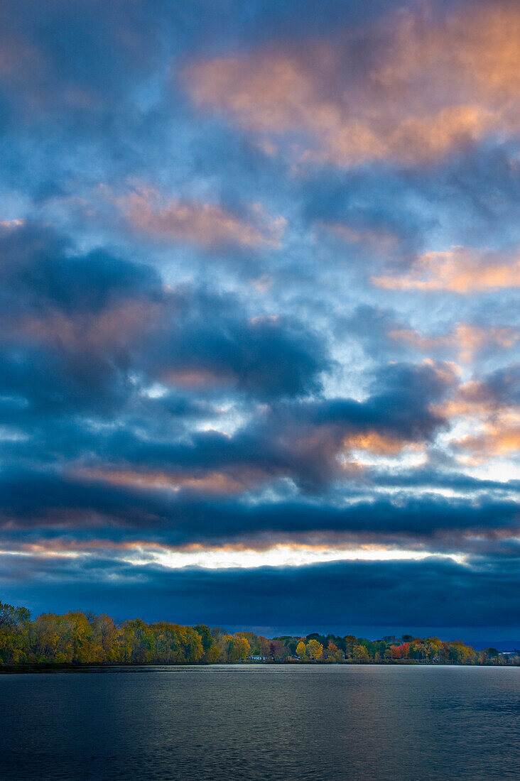 Lake Champlain under stormy sunset sky, Lake Champlain, Vermont, USA