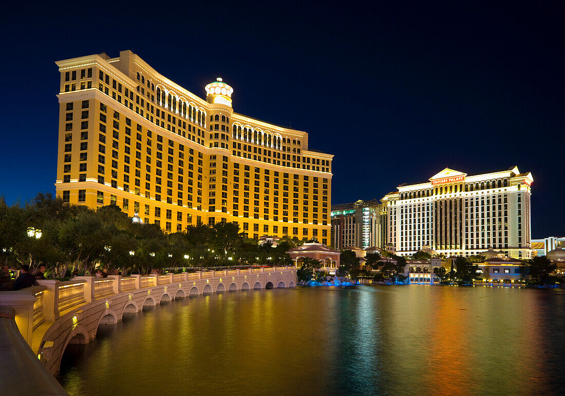 Bellagio Hotel and Caesars Palace Hotel at night, Las Vegas, Nevada, USA