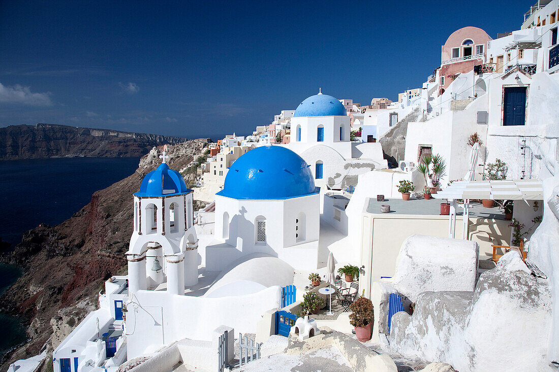 View of white town and cliffs, Oia, Santorini Island, Greek Islands