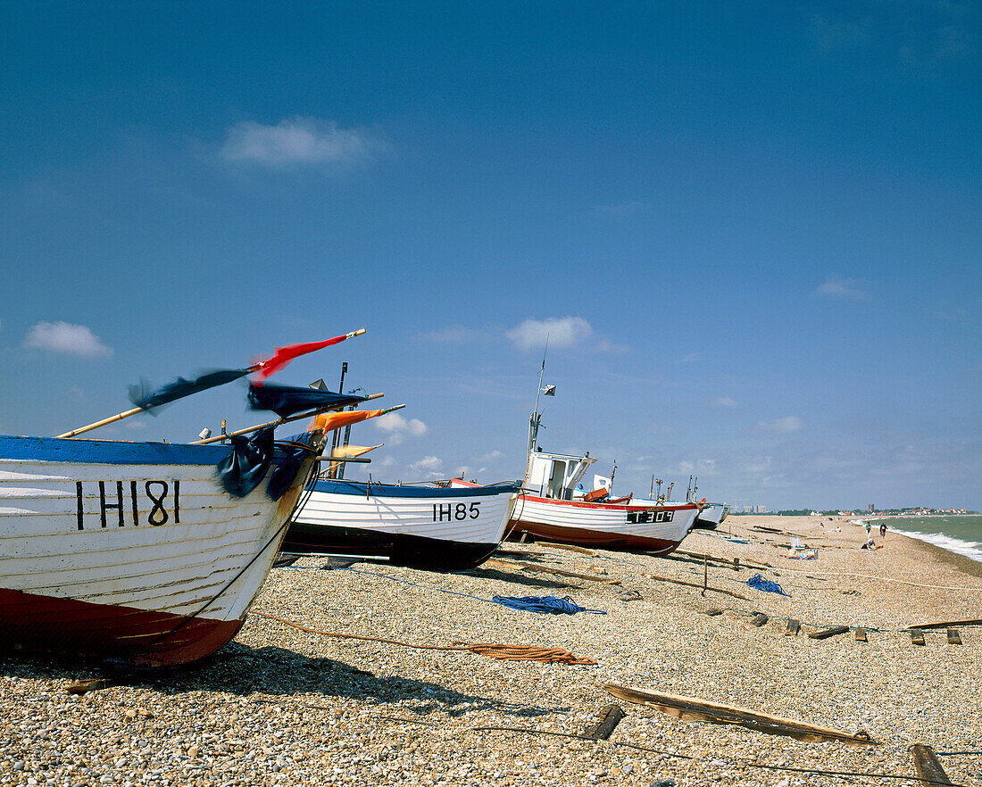 Fishing boats on the beach, Aldeburgh, Suffolk, UK - England